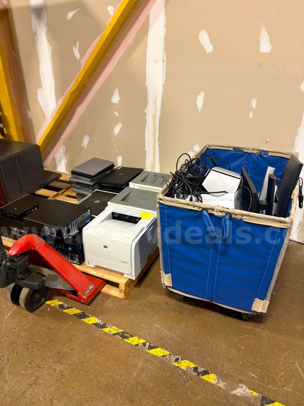 Pallet and Basket of misc. computer equipment and parts