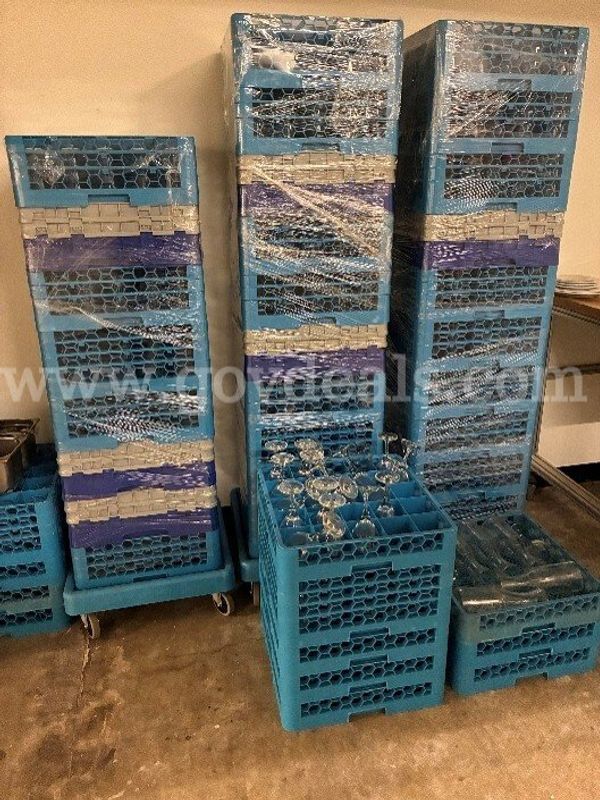 Large Commercial Glassware, Flatware & Food-Service Equipment Lot with Racks and Carts