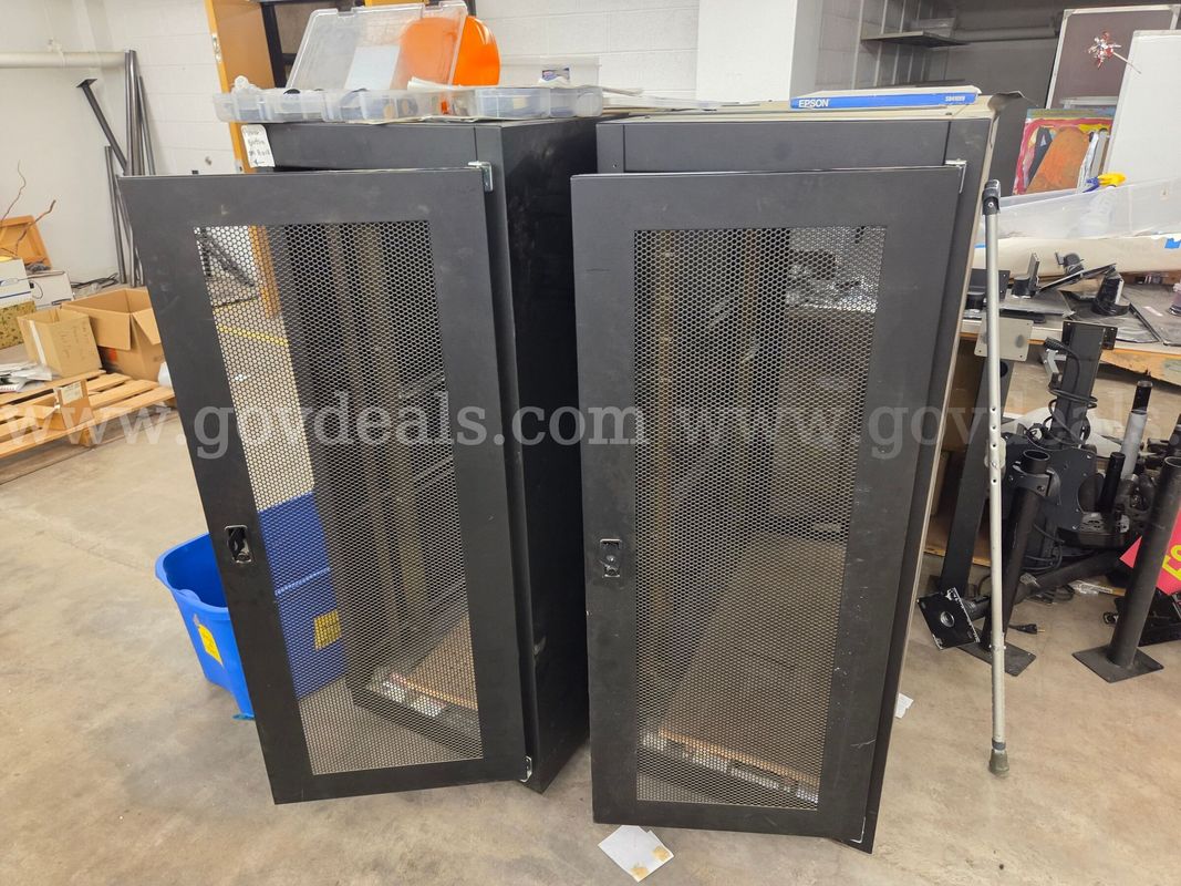 Two Floor-Standing IT Server Rack Enclosures with Locking Mesh Doors