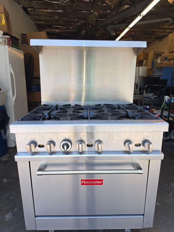 Flamaster 36" Commercial Stainless Steel Gas Range Stove 6-Burners Standard Oven & Top SS Shelf (Used 6 months)