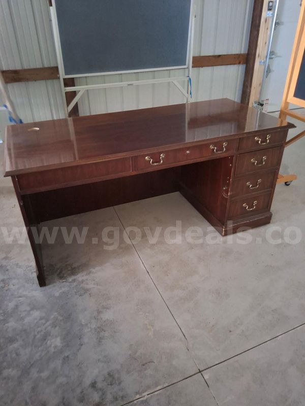 Mixed Lot of Office Furniture and Furnishings – Dark Woods Desks, Dark Wood Tables and a Lamp