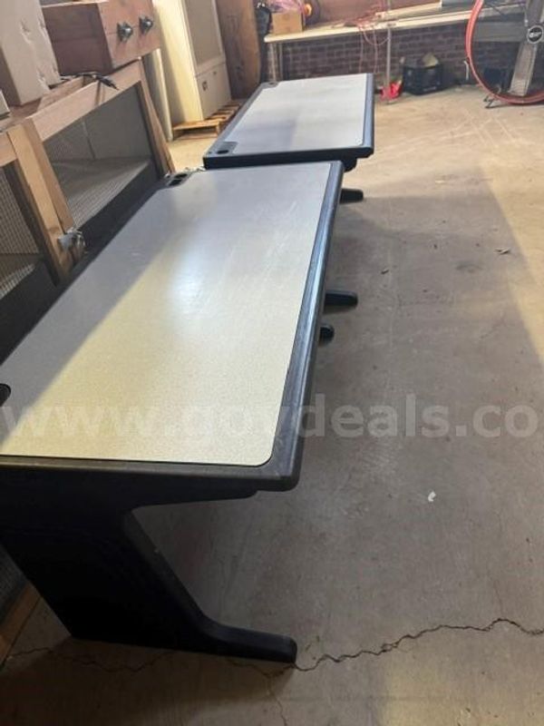 2 - Plastics Desks (Approx 59.5" X 26.5" X 30.5") And File Cabinet