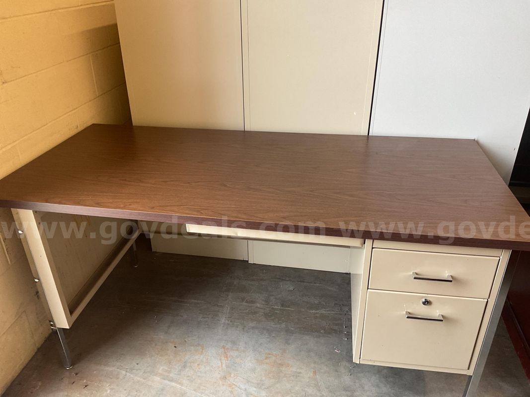 Beige desk with wooden top