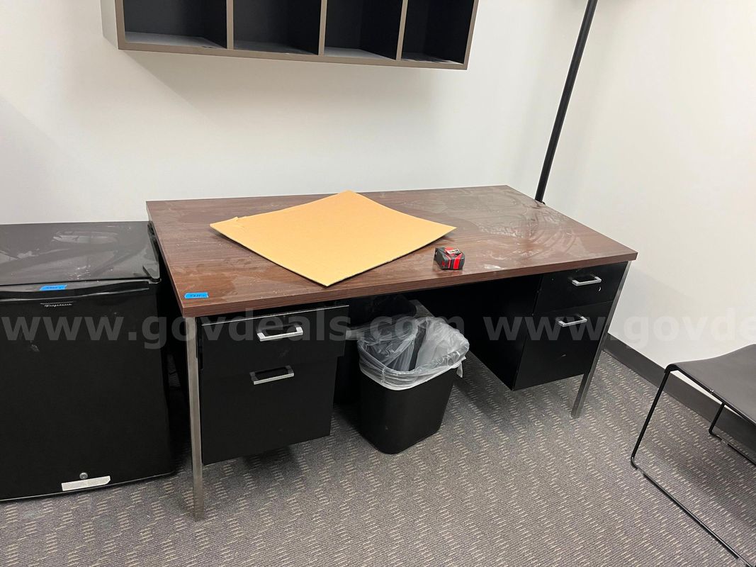 Metal Desk with File Cabinets and Wood Veneer Top