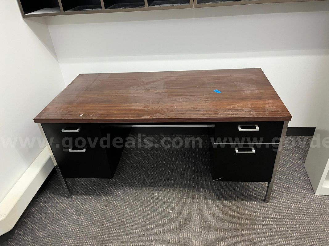 Metal Desk with File Cabinets and Wood Veneer Top