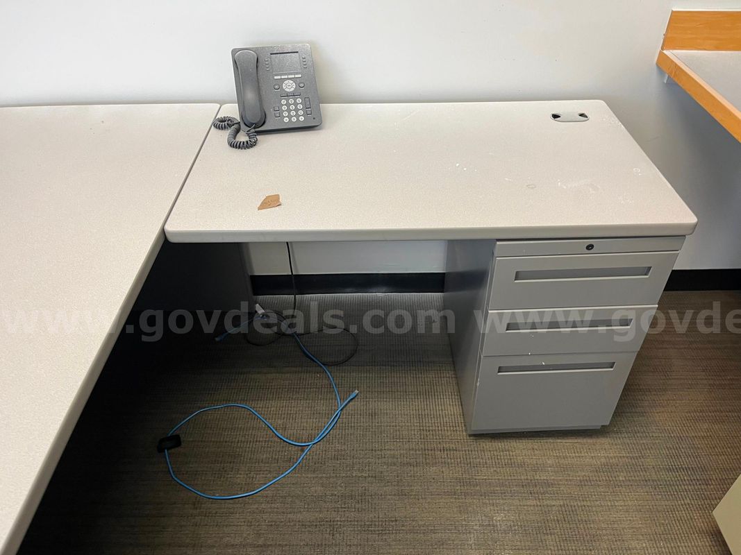 White L Shaped Office Desk w/ File Cabinets