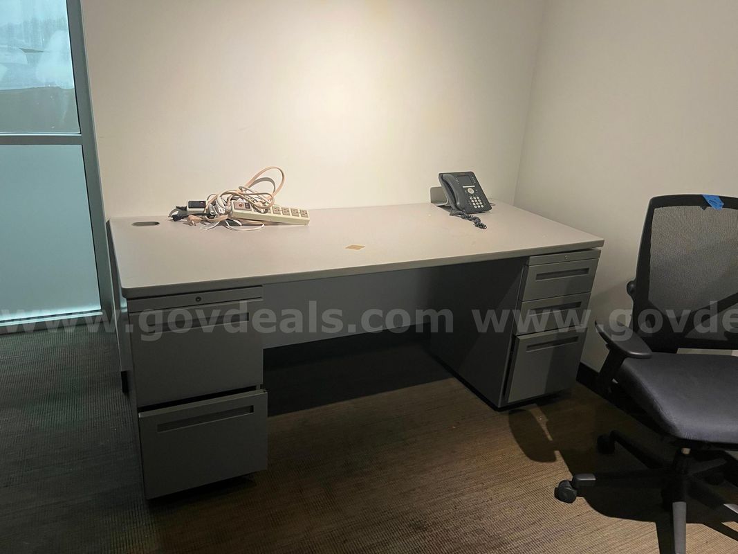 Grey Desk w/ File Cabinets