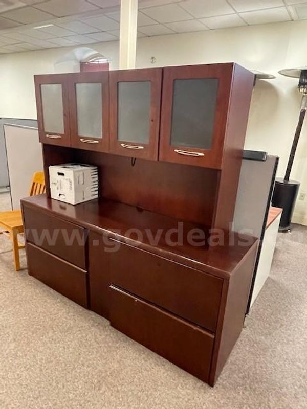 One (1) Cherry-colored office credenza with a matching hutch