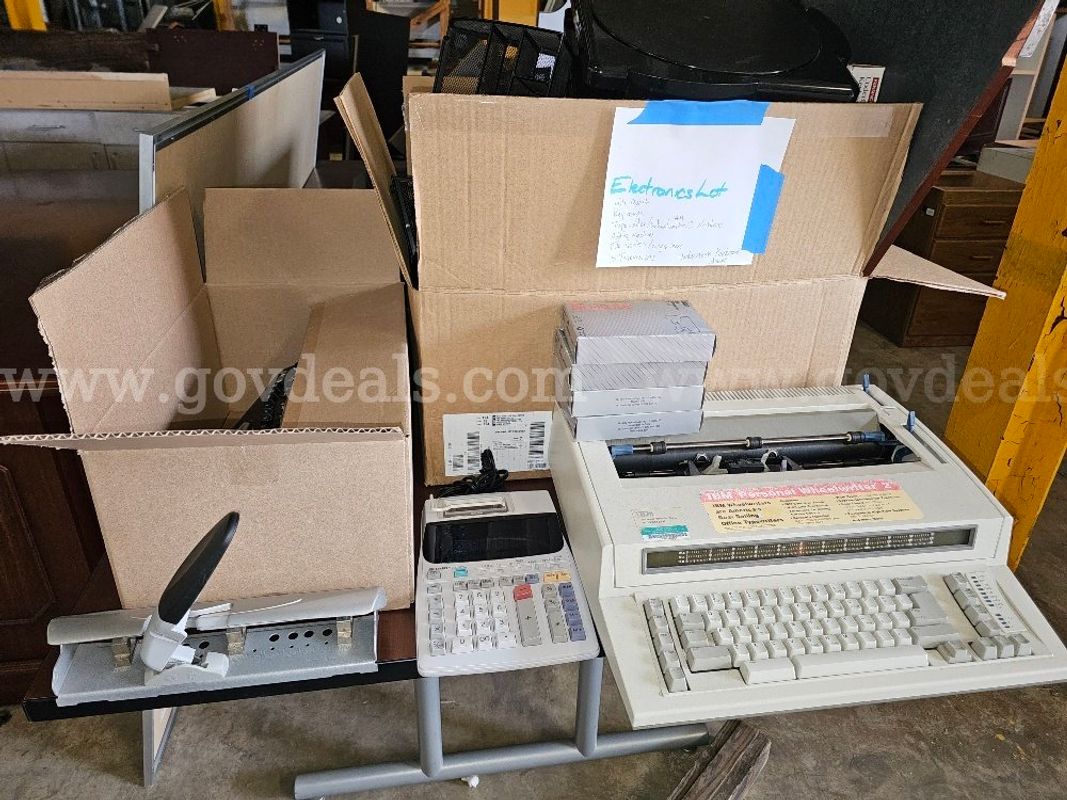 Office equipment and electronics INCL televisions / IBM Wheelwriter / file sorters / adding machines, see pics!