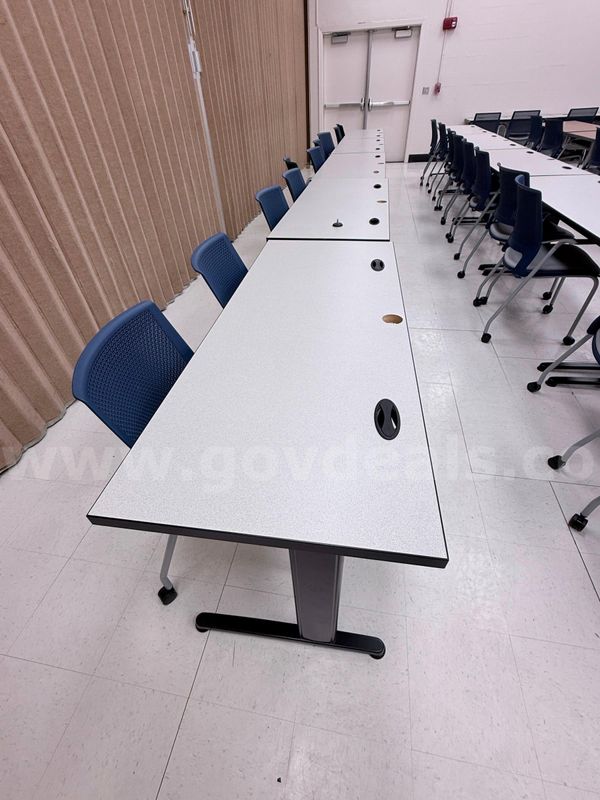 Classroom Furniture Lot – 19 Student/Training Tables, 11 Student Desks, 13 Gray Chairs & 3 Burgundy Chairs