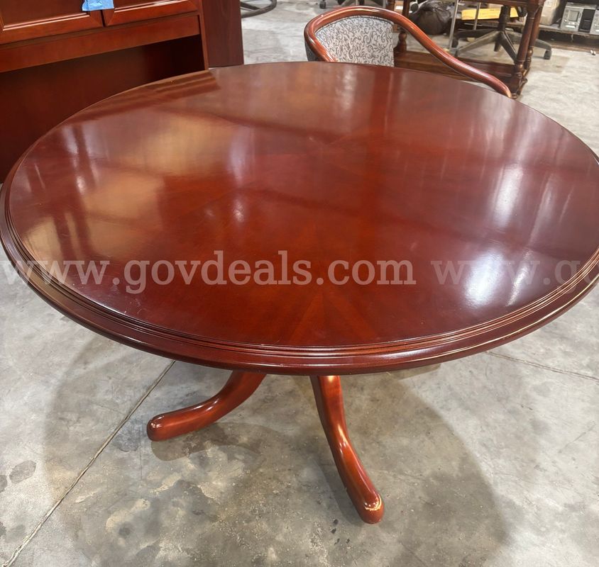 Round Cherry Office Table with Upholstered Armchair