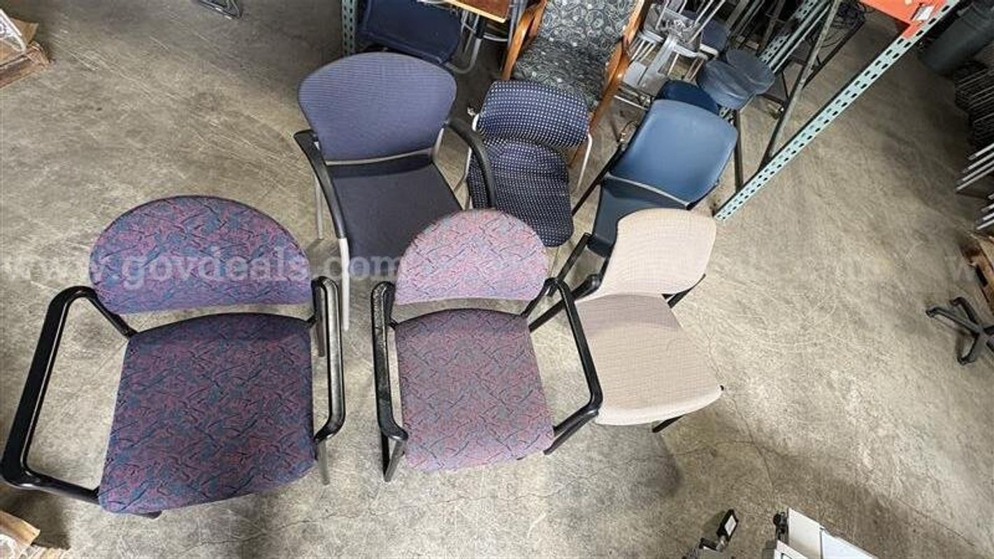 Lot of six multi colored side chairs. As is.
