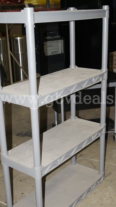 4 Plastic shelving units, 2 rolling files and mail sorter